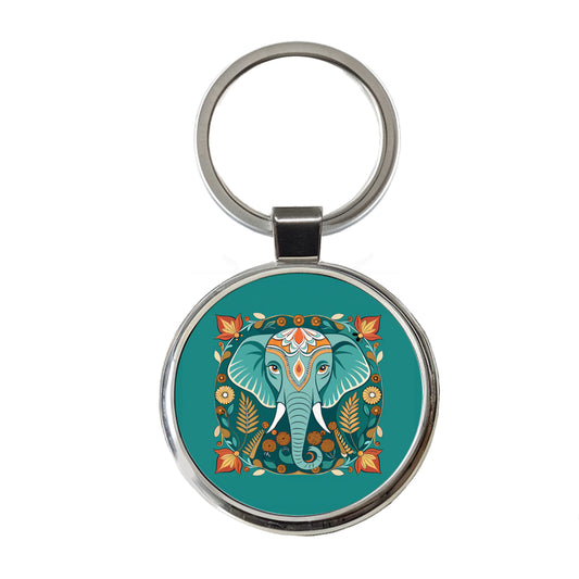Elephant Floral Art Nouveau Flowers Elegant Round Metal Keychain