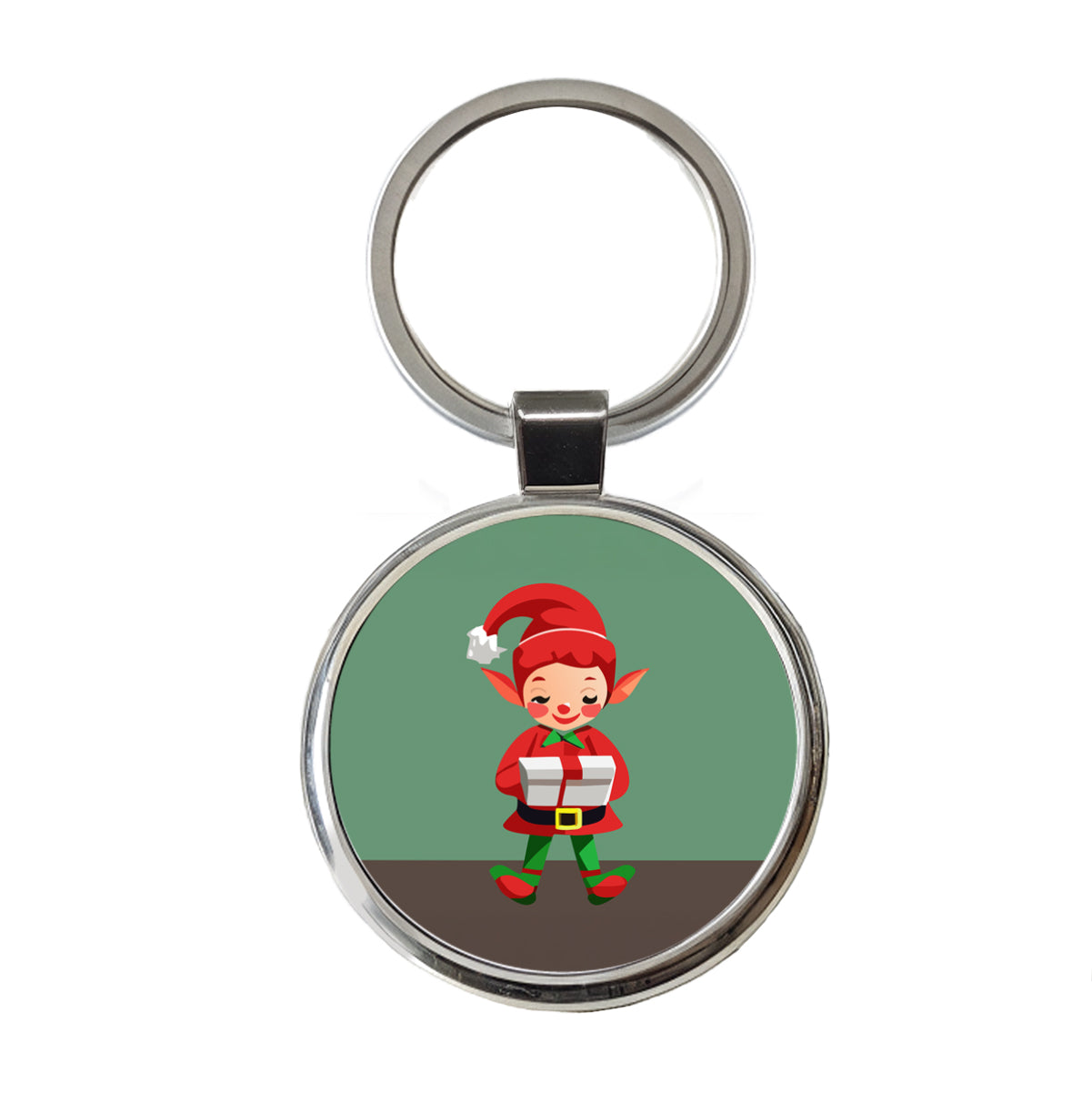 Elf Christmas Opening Present Round Metal Keychain