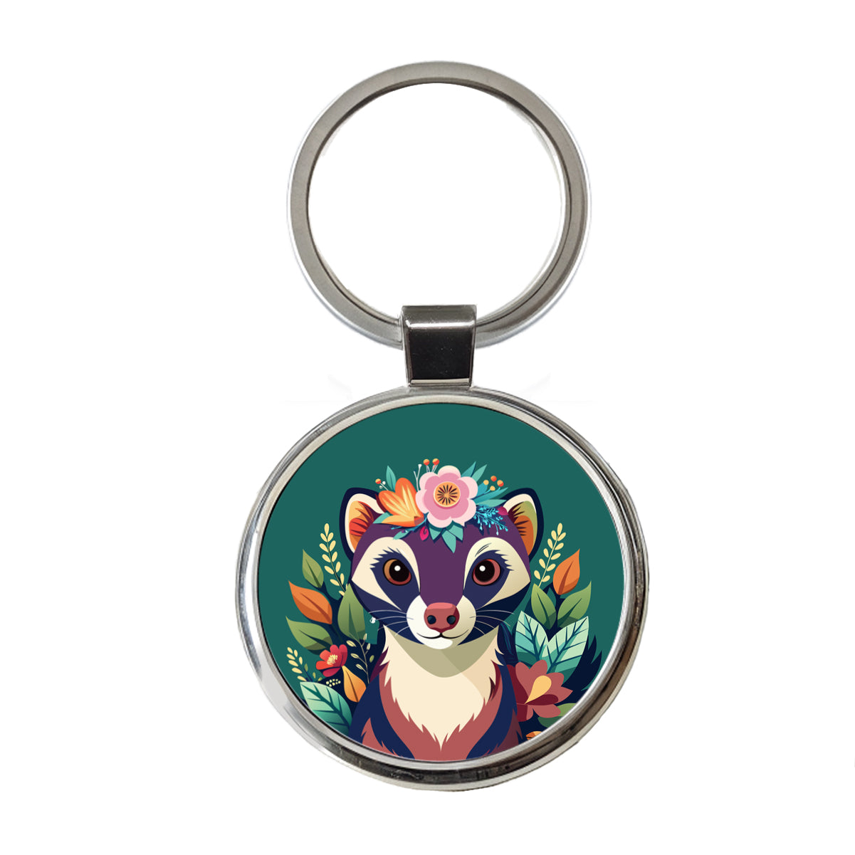 Ferret Head Floral Flowers Round Metal Keychain