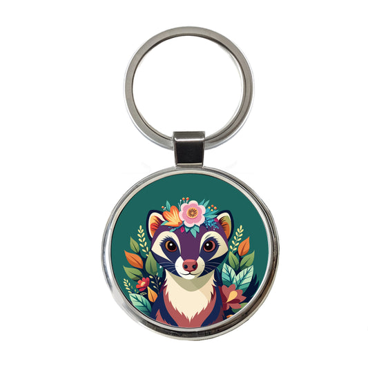 Ferret Head Floral Flowers Round Metal Keychain