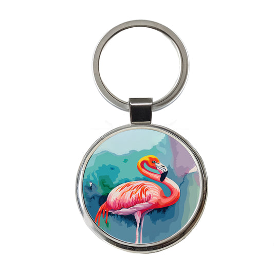 Flamingo Colorful Round Metal Keychain