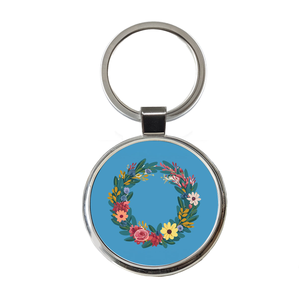 Floral Wreath Border Spring Round Metal Keychain