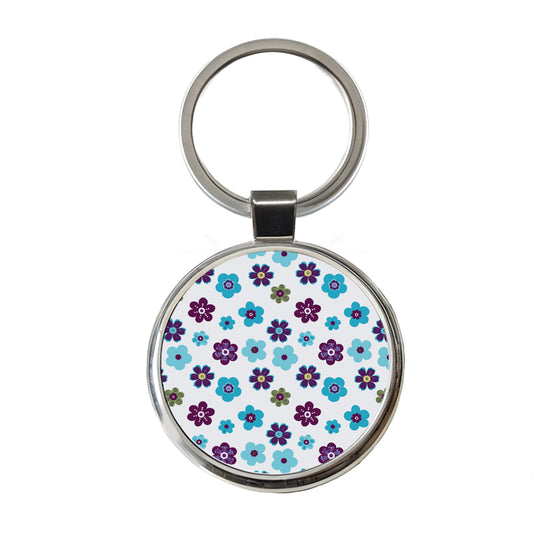 Flowers Blue Purple Cute Pattern Round Metal Keychain