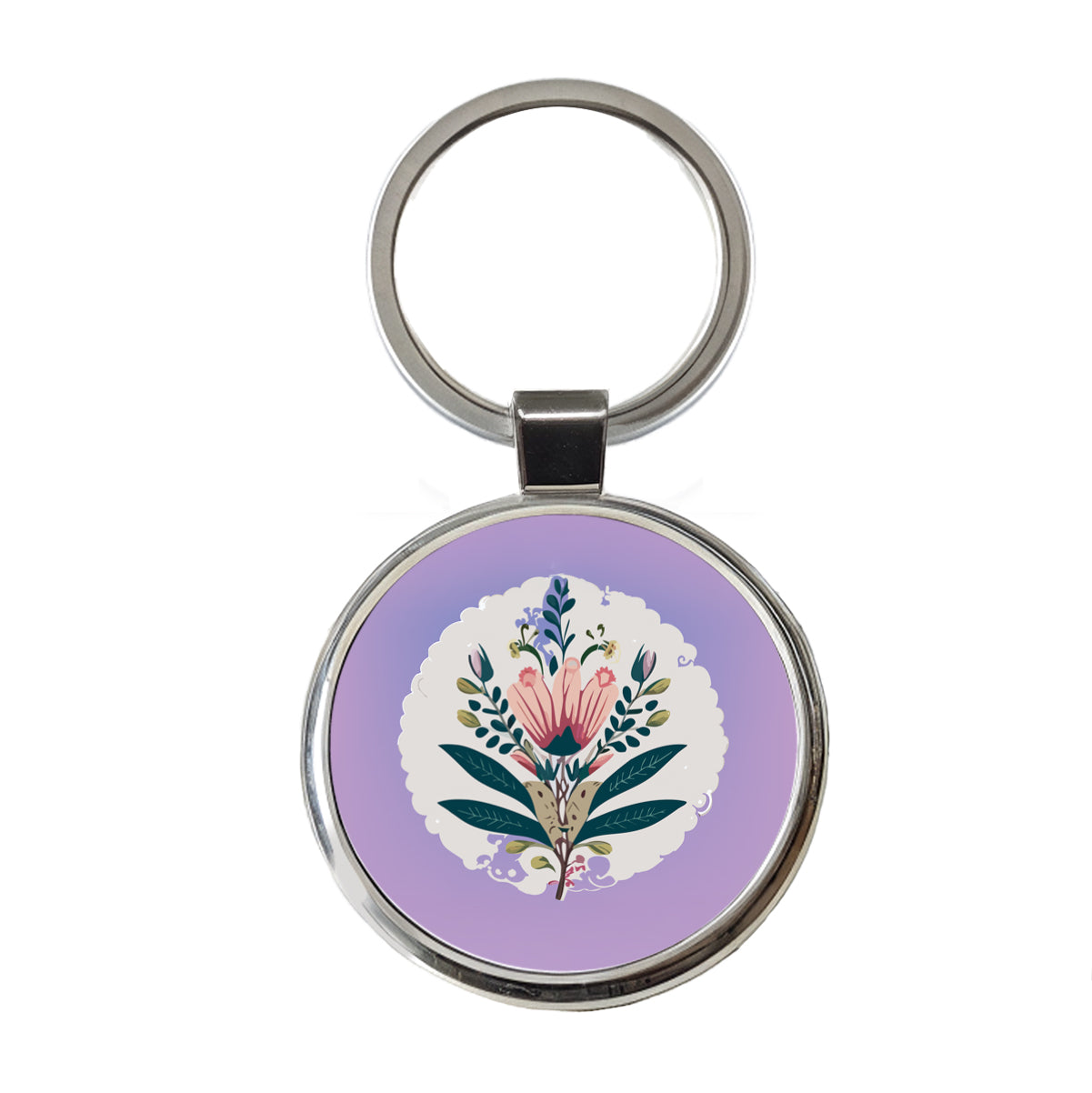 Flowers Floral Motif Bohemian Elegant Wedding Round Metal Keychain