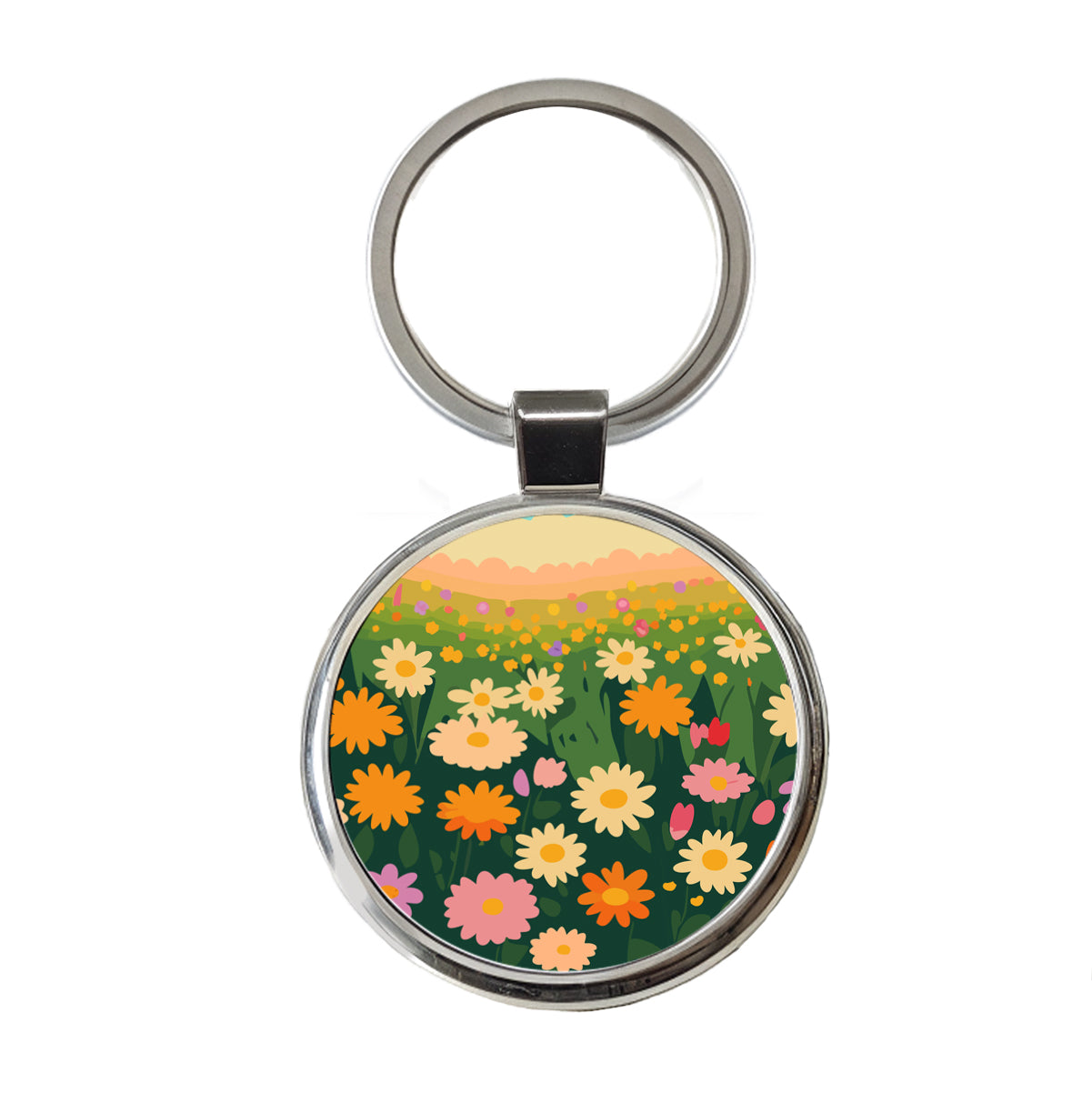 Flowers in Meadow Floral Round Metal Keychain