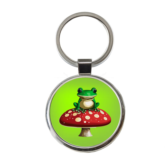 Frog on Red Toadstool Mushroom Round Metal Keychain