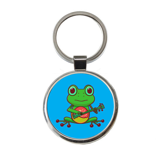 Frog Playing Banjo Guitar Music Funny Round Metal Keychain