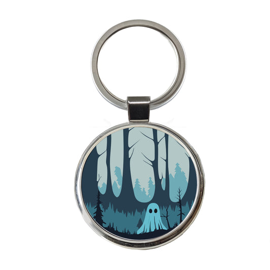 Ghost in Forest Woodland Cute Spooky Round Metal Keychain