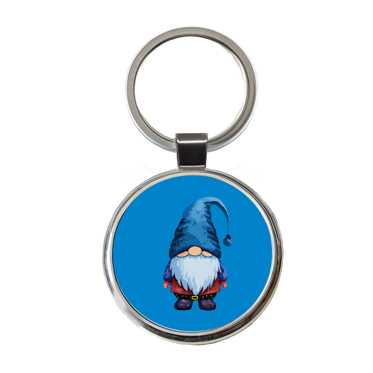 Gnome Standing Blue Hat Round Metal Keychain