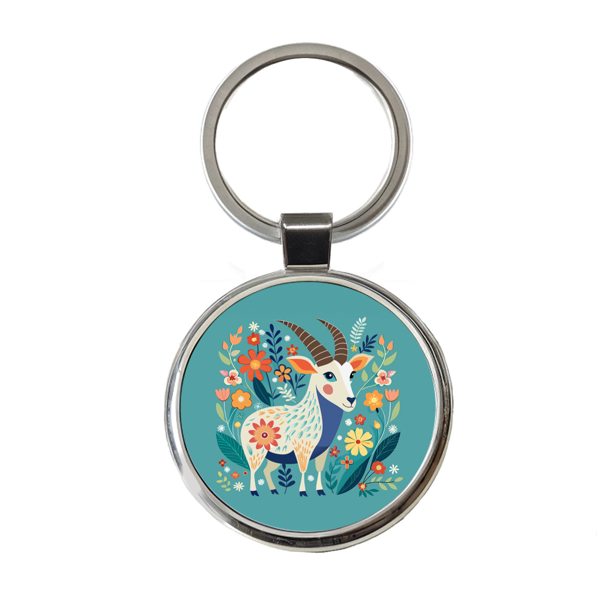 Goat Floral Flowers Round Metal Keychain