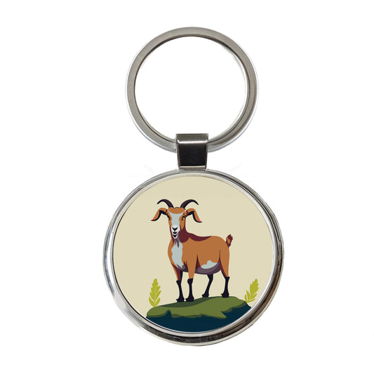 Goat Standing Round Metal Keychain