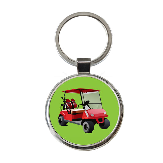 Golf Cart Red Golfing Sport Round Metal Keychain