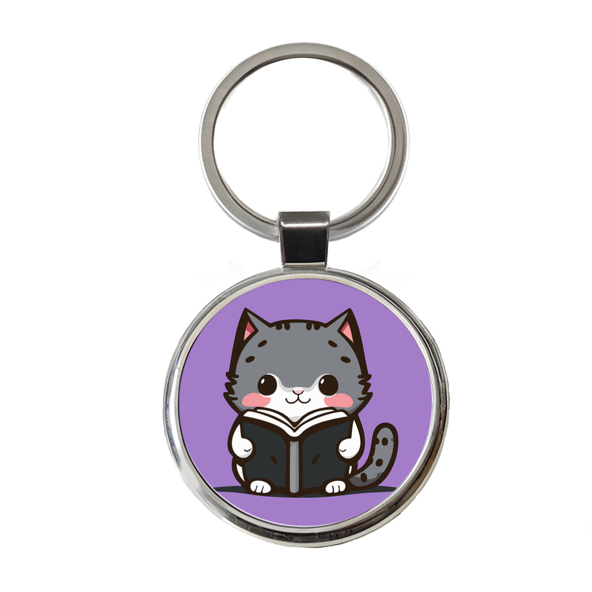 Gray Cat Reading Book Round Metal Keychain