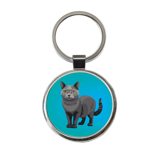 Gray Cat Standing Round Metal Keychain