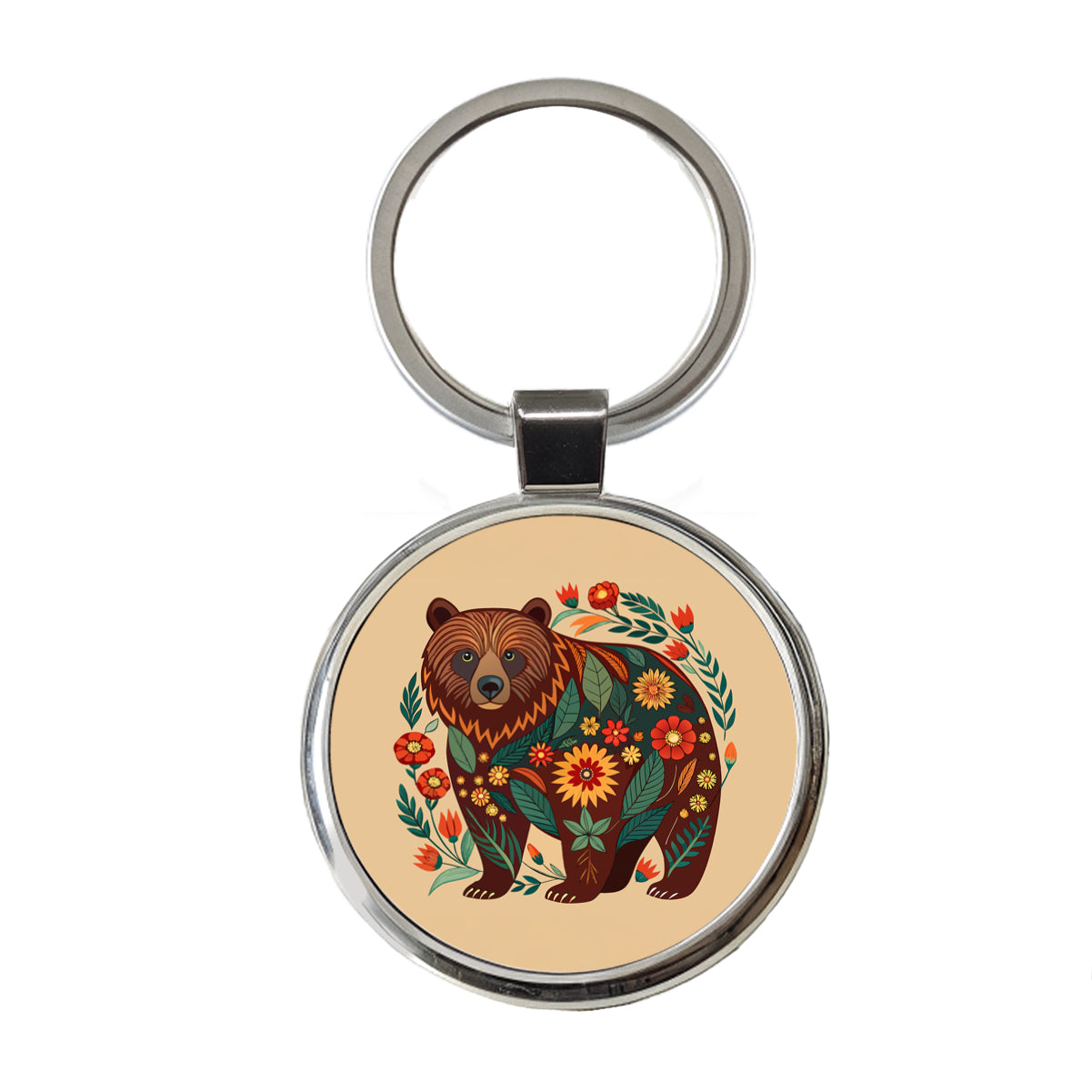 Grizzly Bear Floral Motif Round Metal Keychain