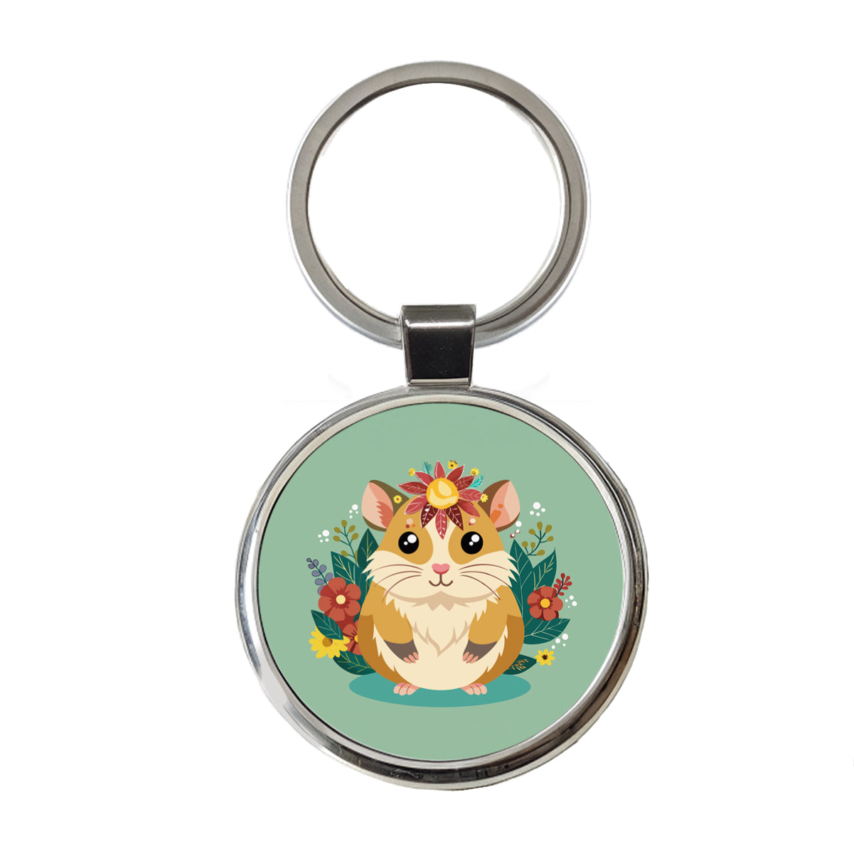 Hamster Floral Flowers Round Metal Keychain
