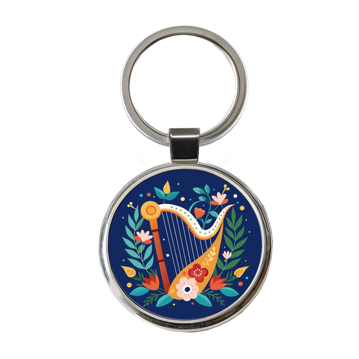 Harp Music Floral Motif Round Metal Keychain
