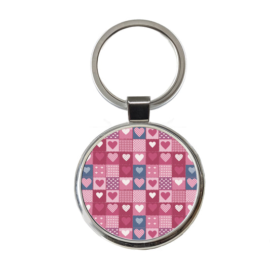 Hearts Quilt Valentines Day Anniversary Love Wedding Pattern Round Metal Keychain