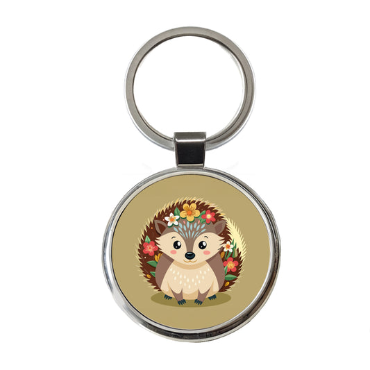 Hedgehog Floral Flowers Round Metal Keychain