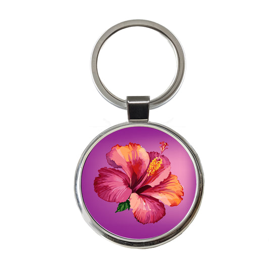 Hibiscus Flower Tropical Watercolor Round Metal Keychain