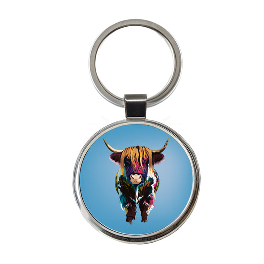 Highland Cow Colorful Round Metal Keychain