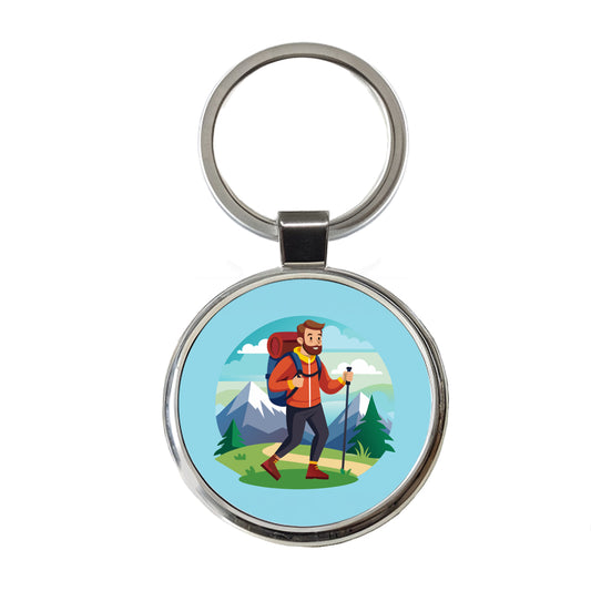 Hiker Hiking Backpacking Man Round Metal Keychain