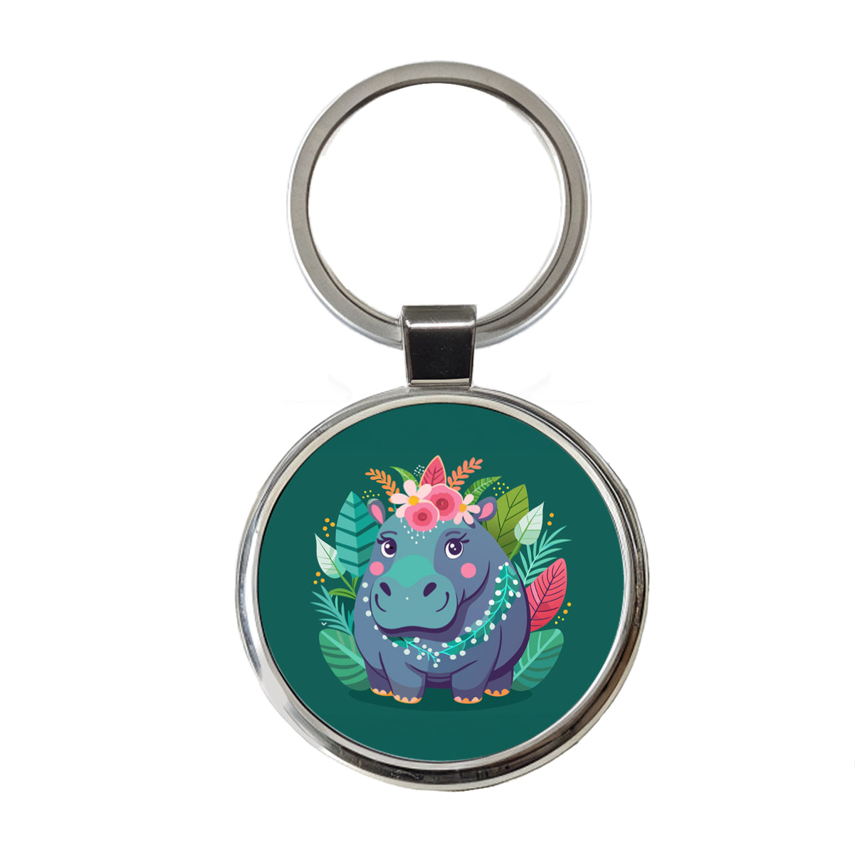 Hippopotamus Floral Flowers Round Metal Keychain