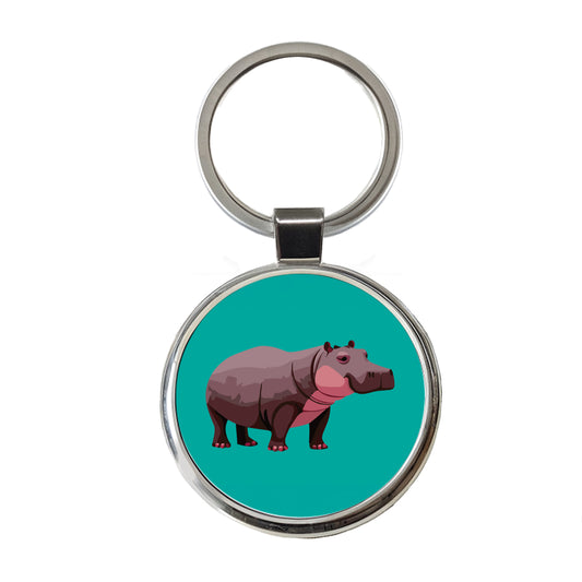 Hippopotamus Standing Round Metal Keychain