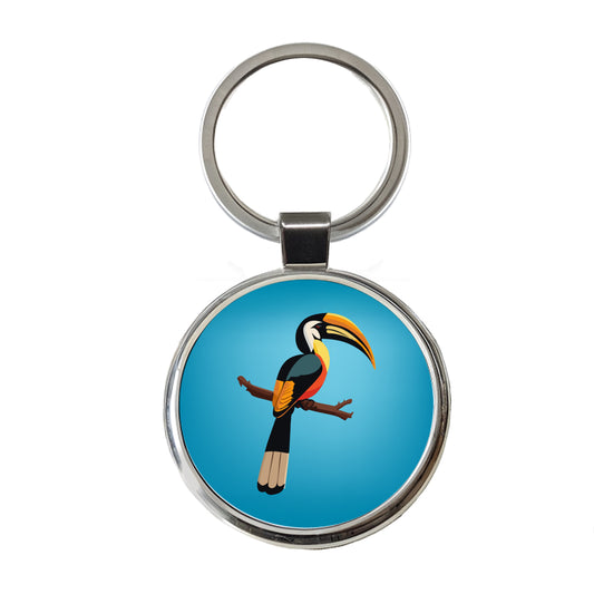 Hornbill Bird on Branch Round Metal Keychain