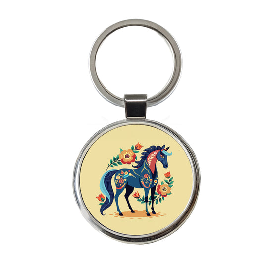 Horse Floral Flowers Cottagecore Country Western Round Metal Keychain