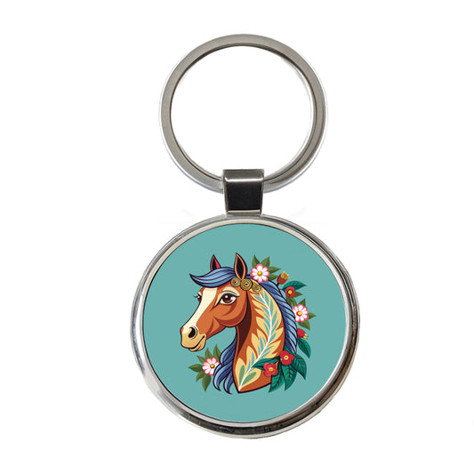 Horse Head Floral Flowers Cottagecore Country Western Round Metal Keychain