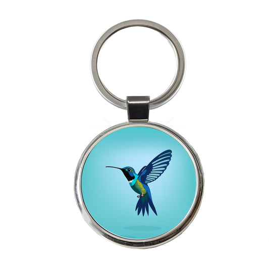 Hummingbird Blue Round Metal Keychain