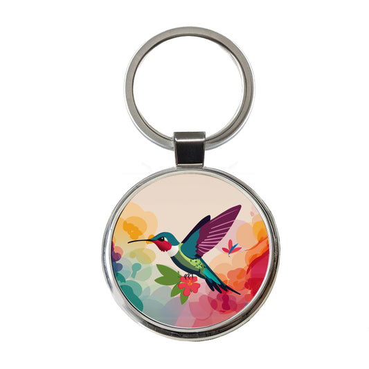 Hummingbird Colorful with Flowers Round Metal Keychain