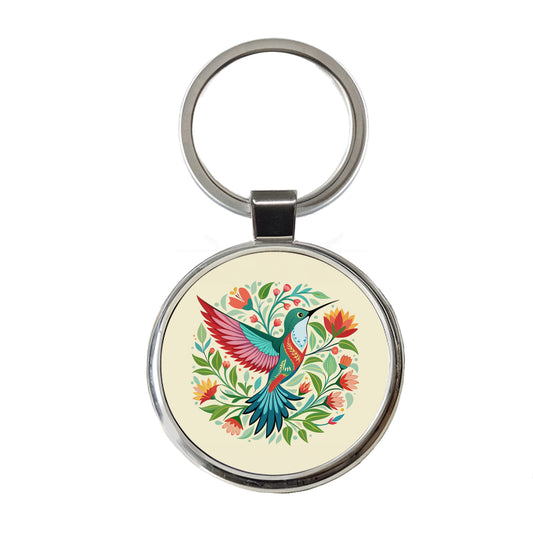 Hummingbird Floral Flowers Round Metal Keychain