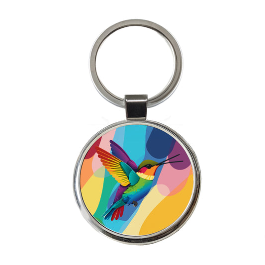 Hummingbird Rainbow Round Metal Keychain