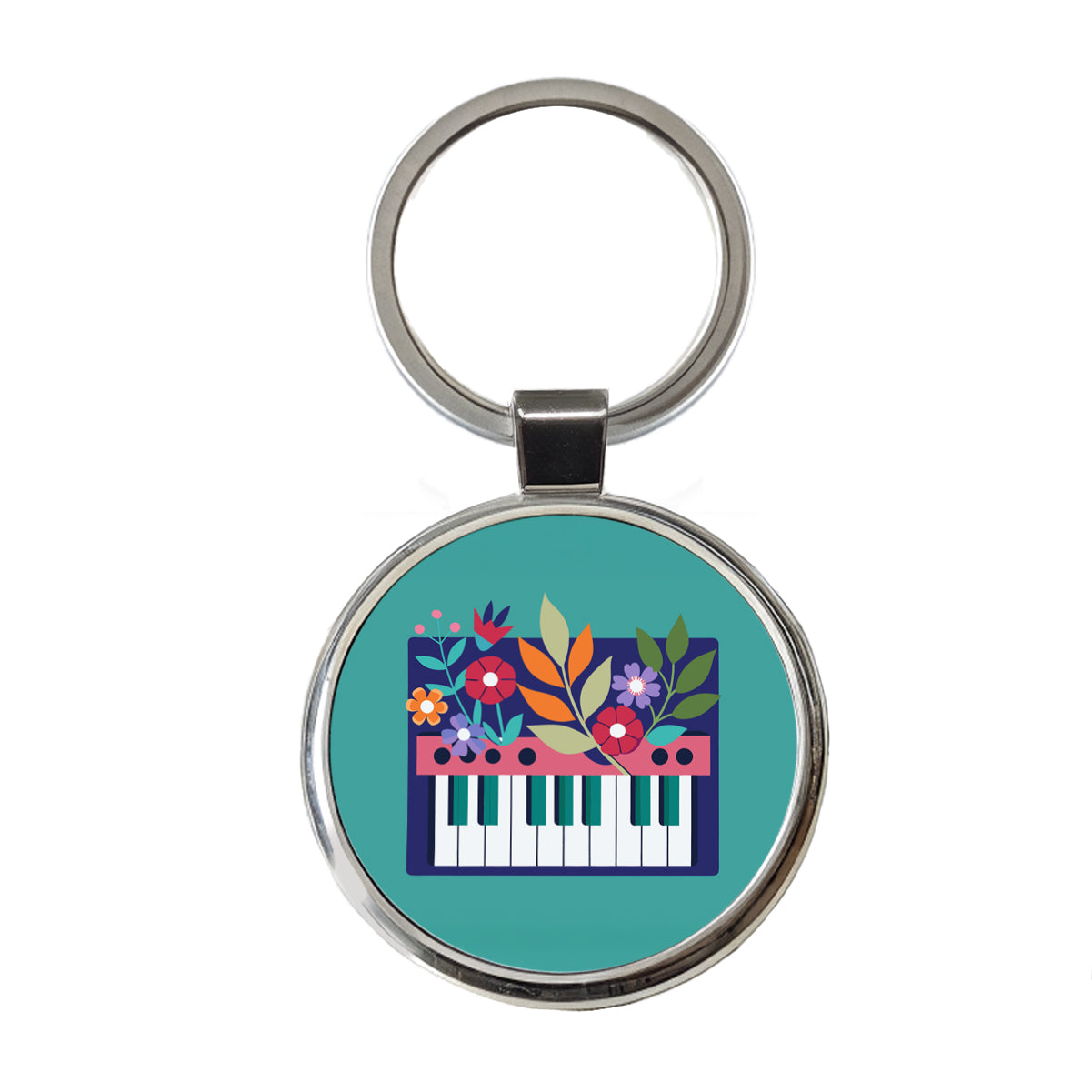Keyboard Piano Music Floral Motif Round Metal Keychain