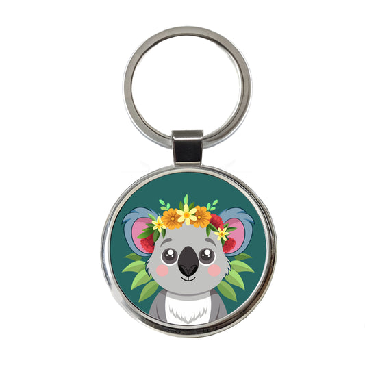 Koala Head Floral Flowers Round Metal Keychain