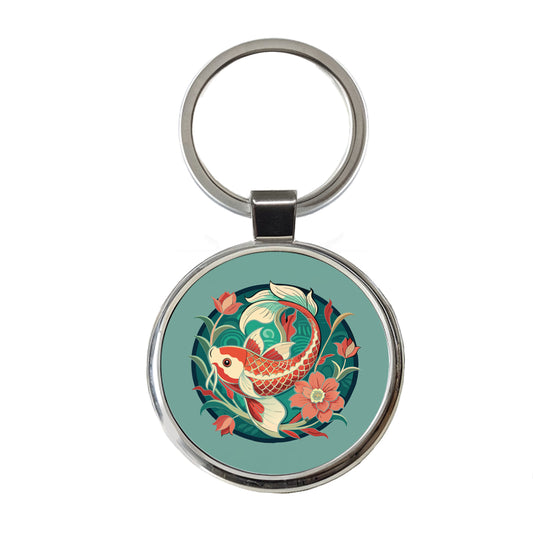 Koi Fish Floral Art Nouveau Flowers Elegant Round Metal Keychain
