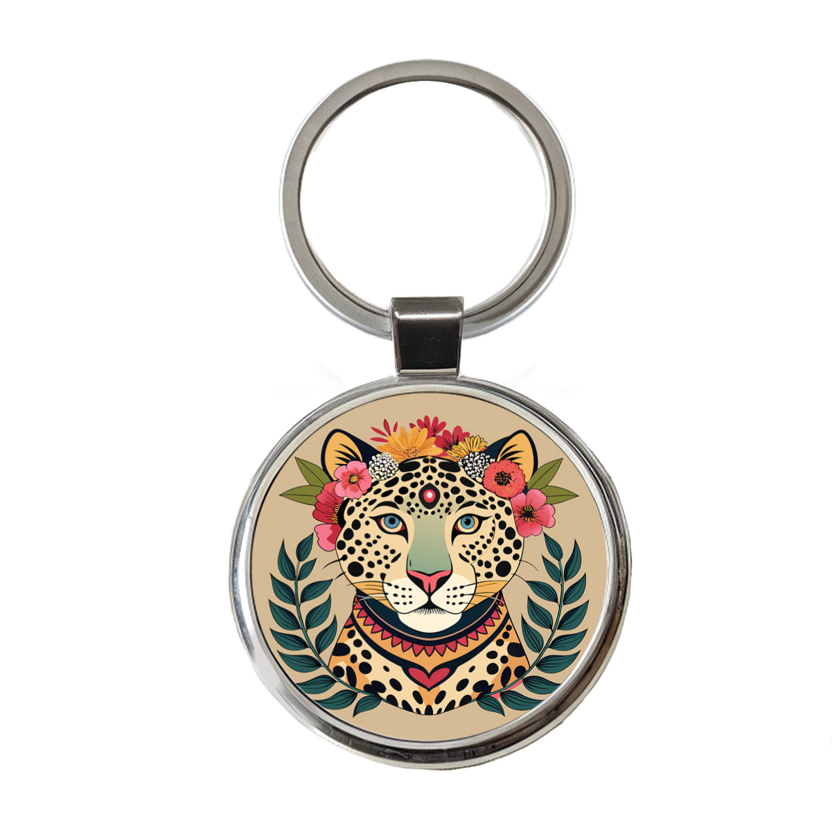 Leopard Head Floral Flowers Round Metal Keychain