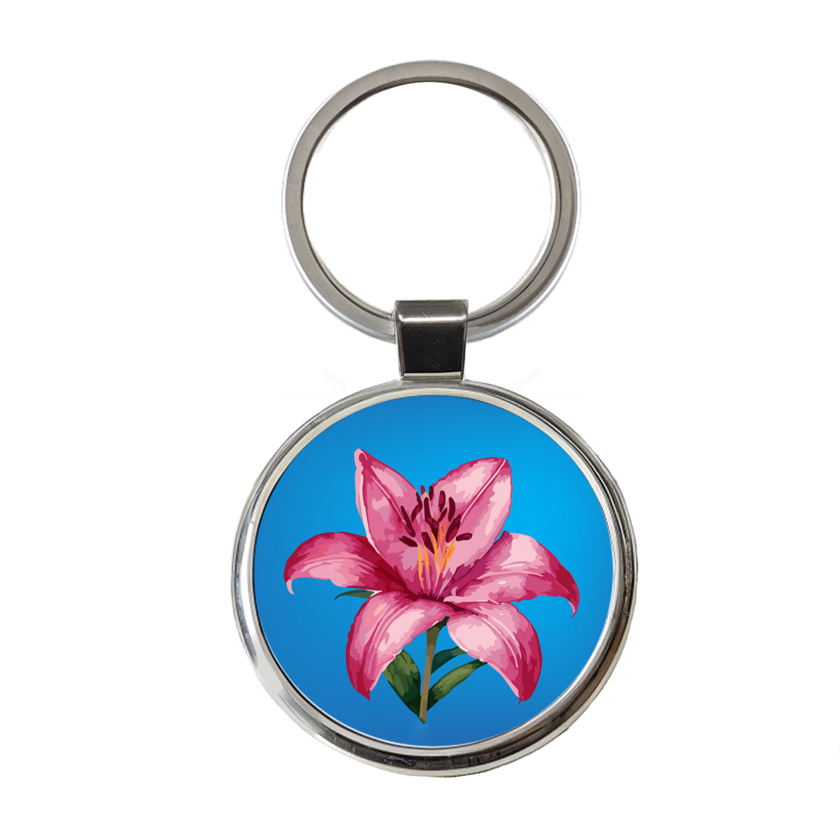 Lily Pink Flower Round Metal Keychain