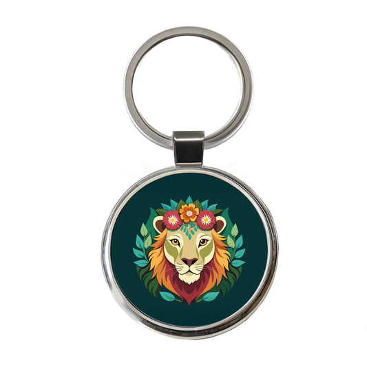 Lion Head Floral Flowers Round Metal Keychain