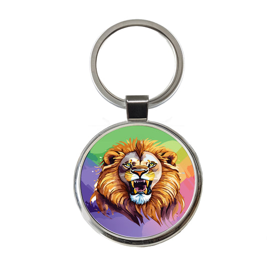 Lion Roaring Male Watercolor Round Metal Keychain