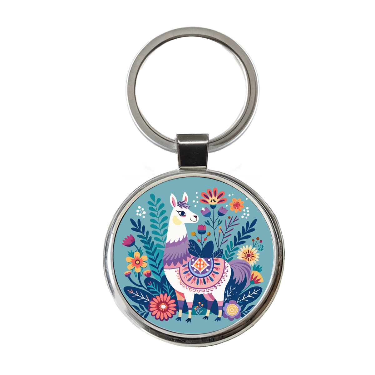 Llama Alpaca Floral Flowers Round Metal Keychain