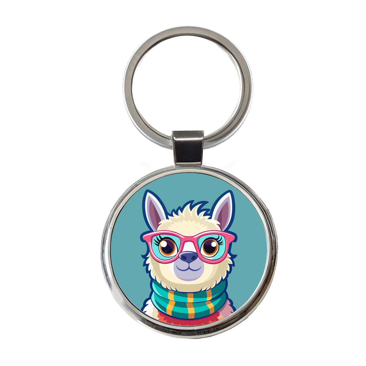 Llama Cute Wearing Glasses Round Metal Keychain