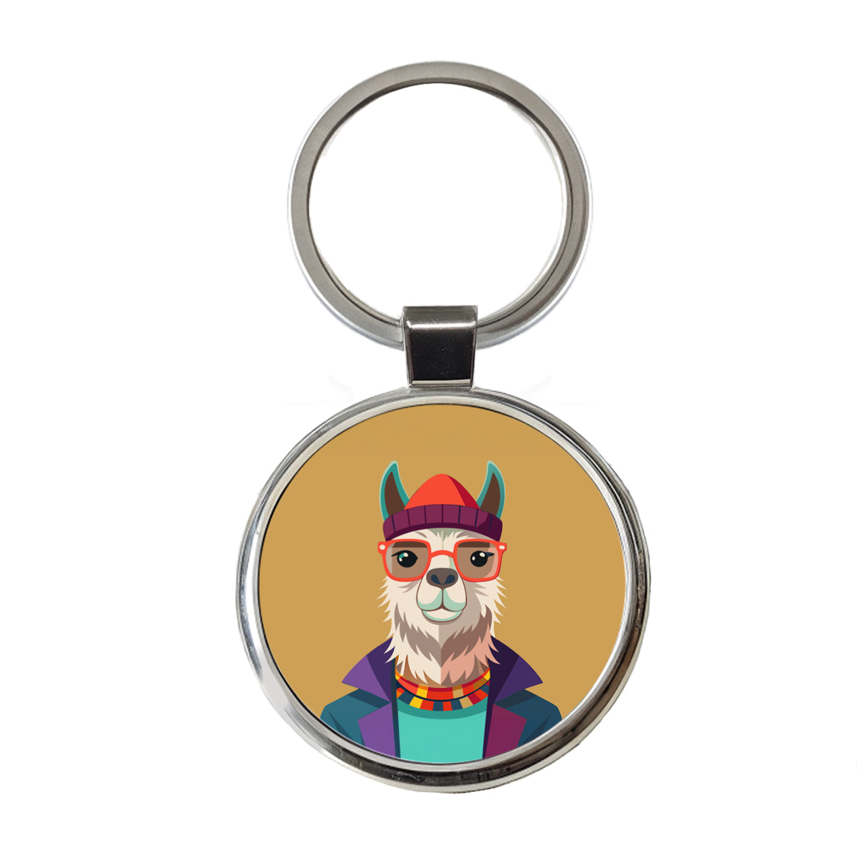 Llama Hipster Funny Wearing Glasses Hat Round Metal Keychain
