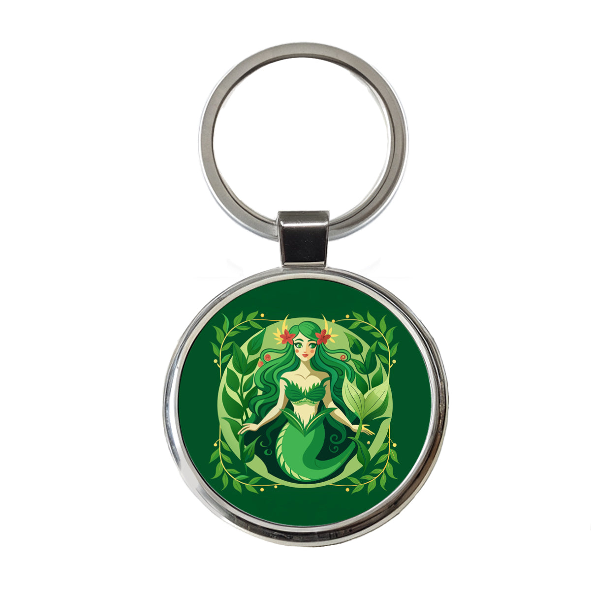 Mermaid Botanical Art Nouveau Round Metal Keychain