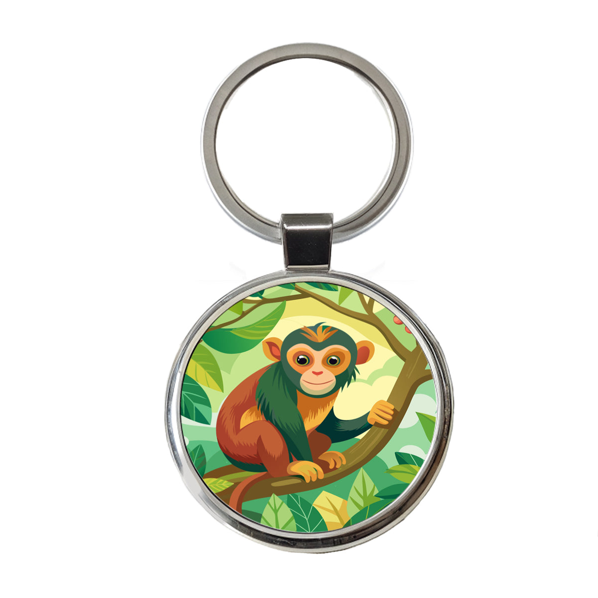 Monkey in Tree Round Metal Keychain