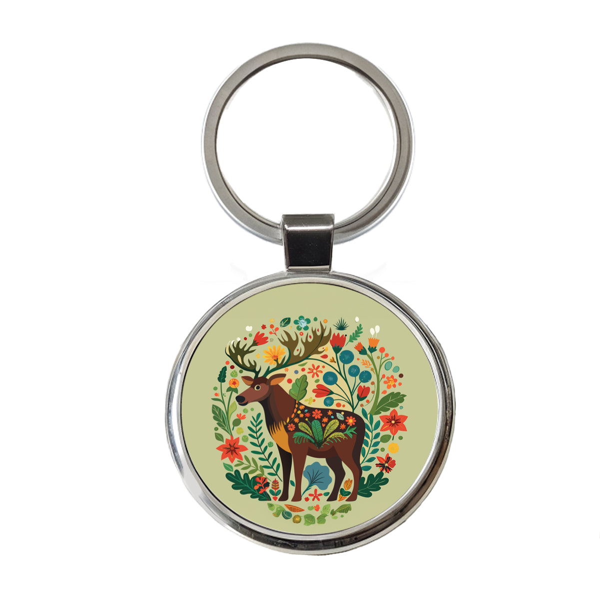 Moose Floral Flowers Round Metal Keychain