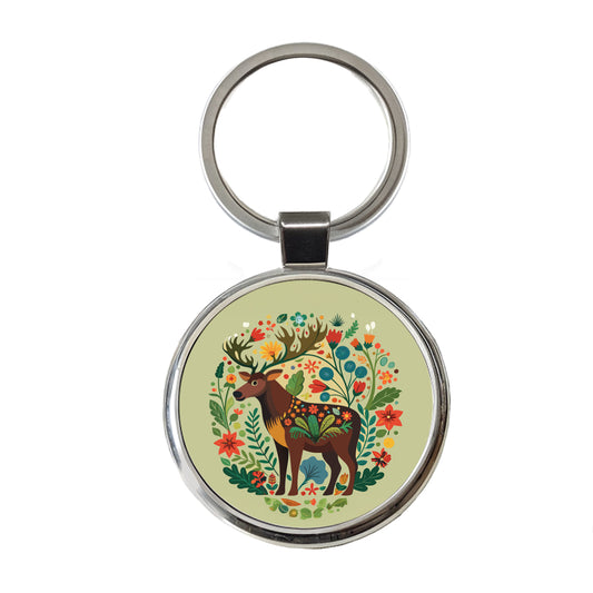 Moose Floral Flowers Round Metal Keychain
