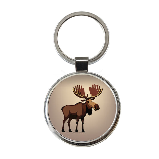 Moose Standing Round Metal Keychain